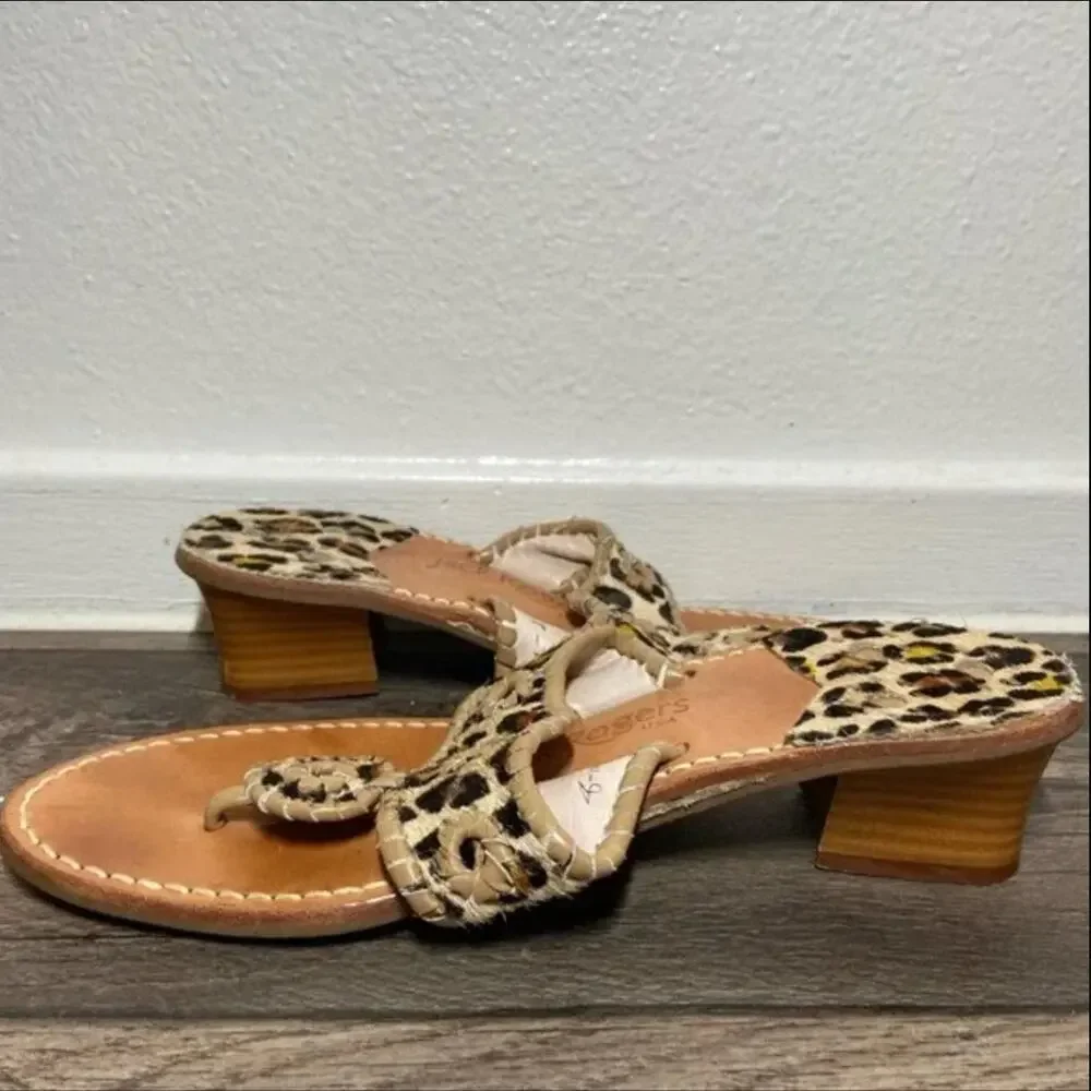 Jack Rogers Jacks Sandals Haircalf Flat Padded Thong 1/2” Heel Leopard Print 8